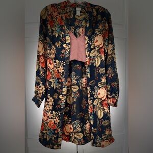 H&M Navy Blue Floral long-sleeved Flowy tunic-style dress, blouse, or kimono